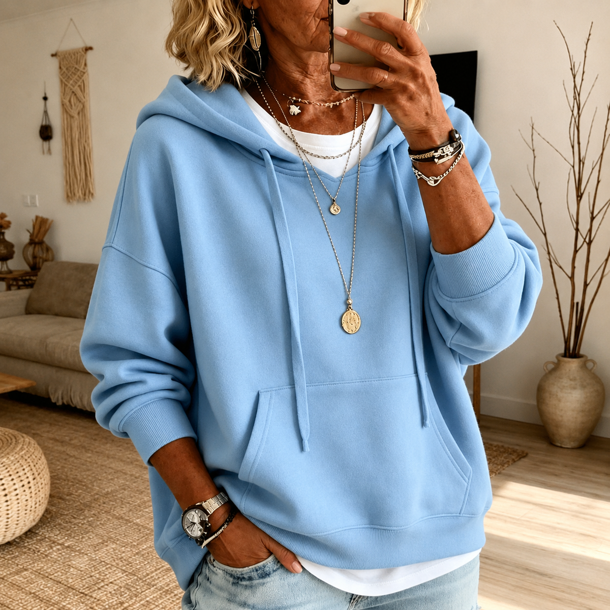 Nina – Błękitny Sweter Oversize z Kapturem
