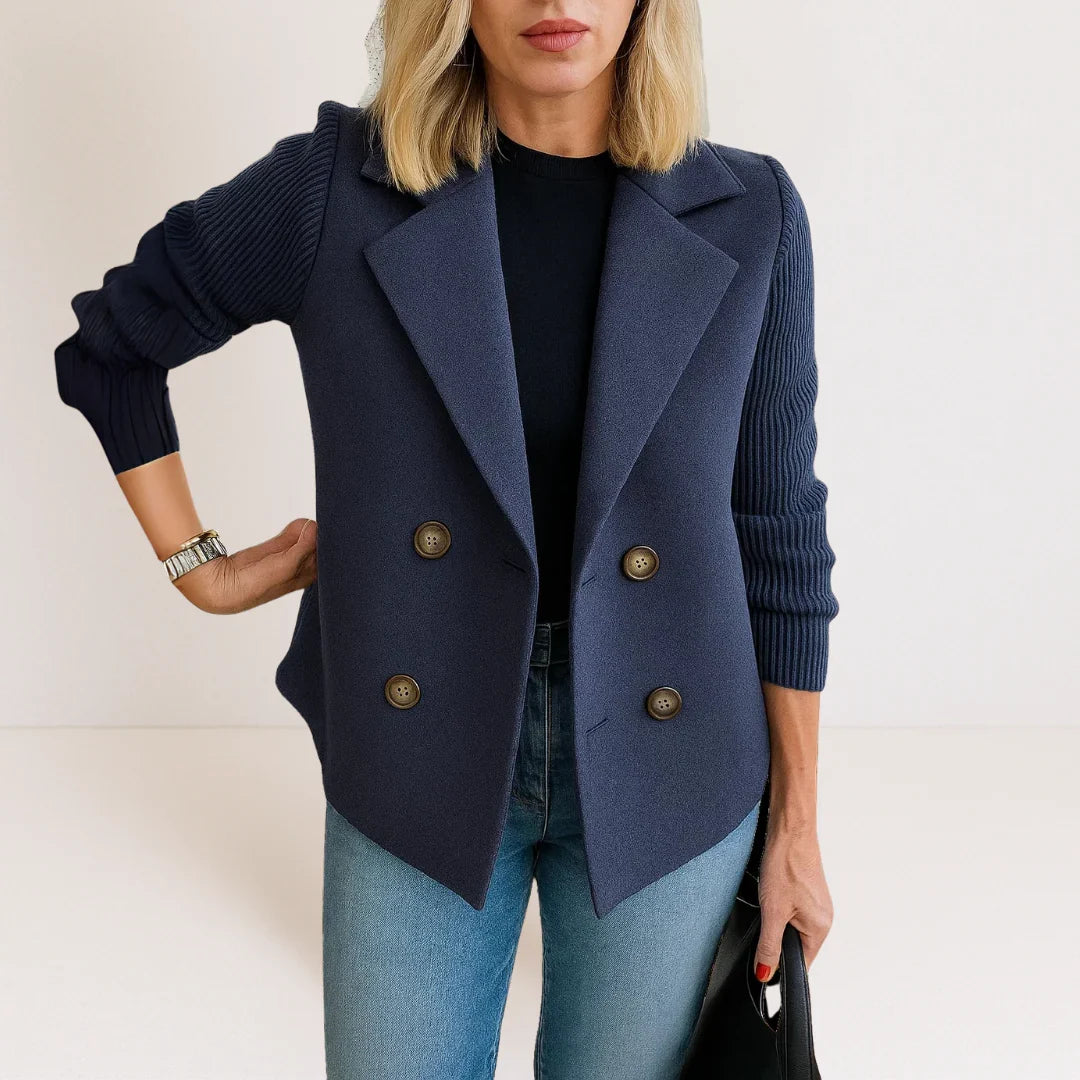 Ankie | Elegancki Dwurzędowy Blazer z Dzianinowymi Rękawami