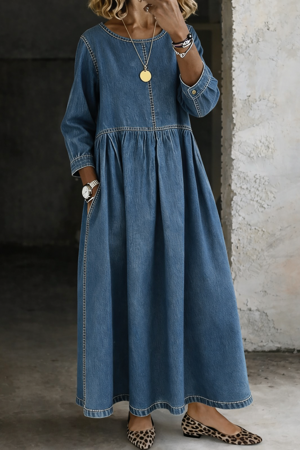 Zephyrelle | Jeansowa Sukienka Maxi w Stylu Vintage