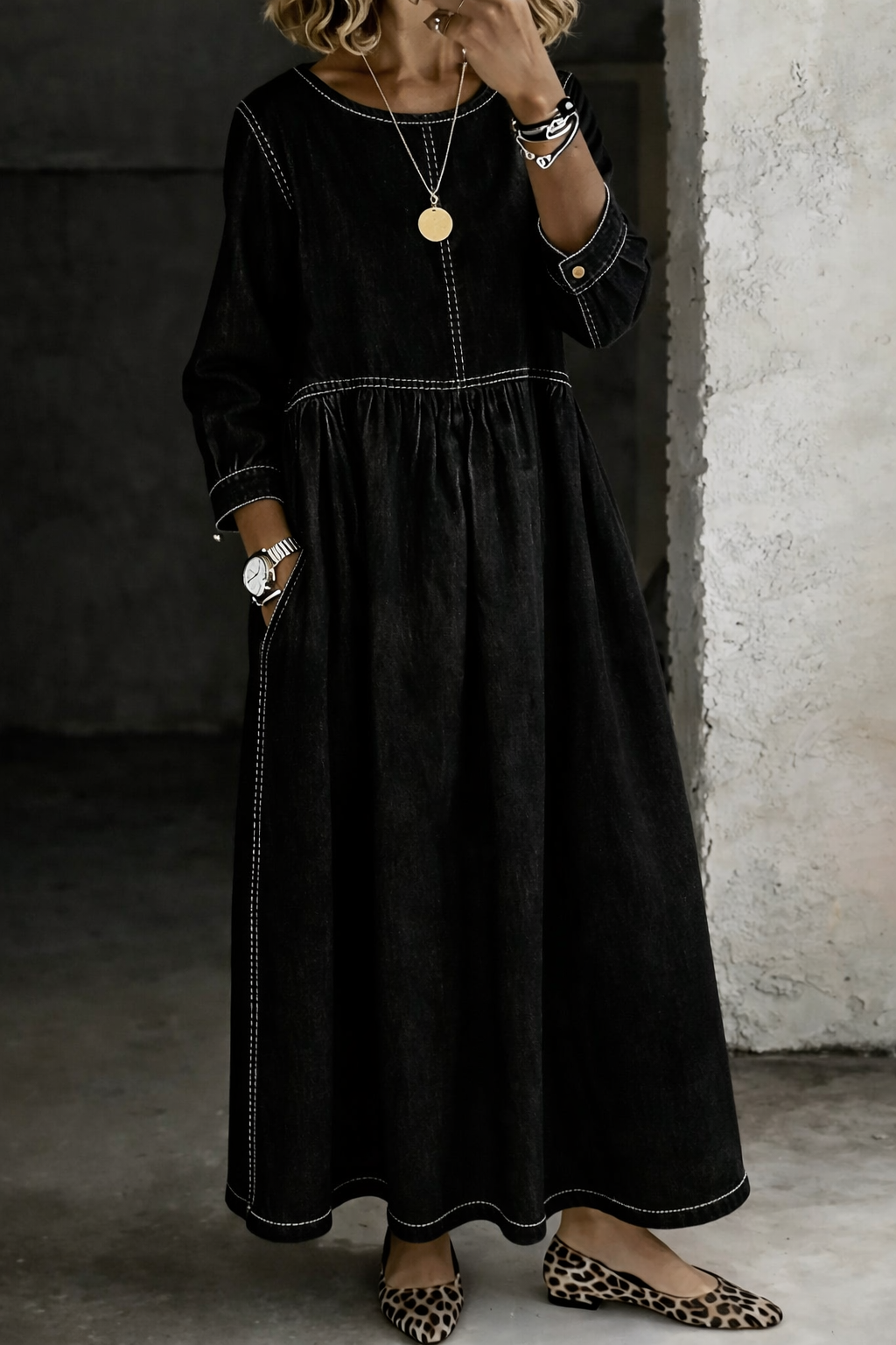 Zephyrelle | Jeansowa Sukienka Maxi w Stylu Vintage