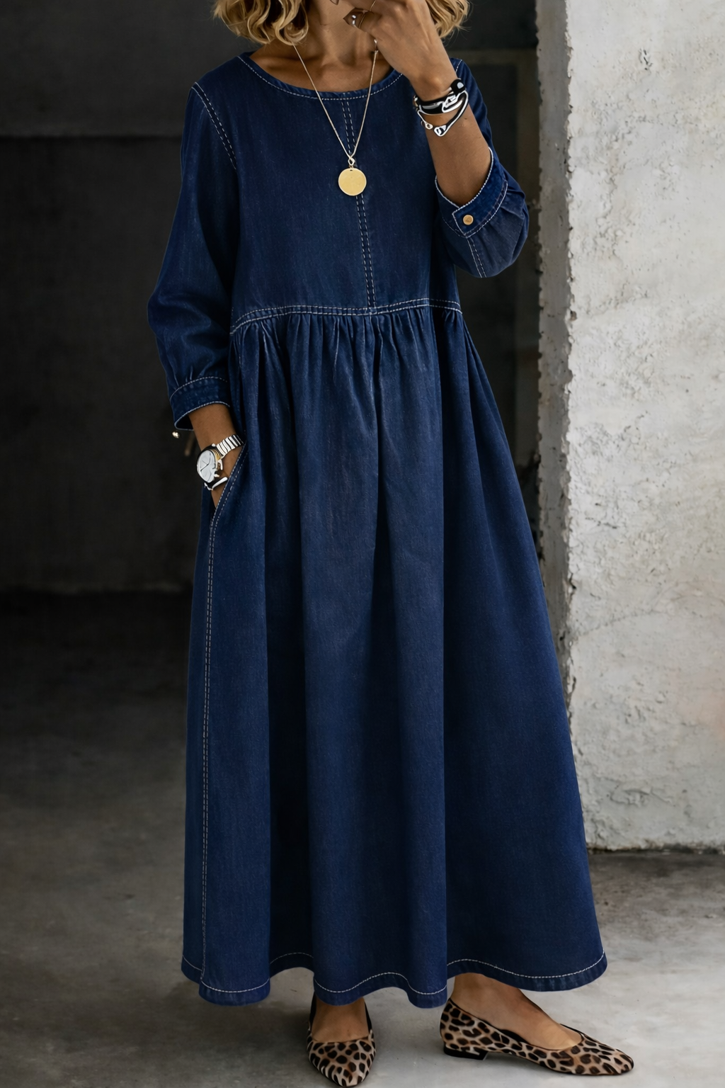 Zephyrelle | Jeansowa Sukienka Maxi w Stylu Vintage