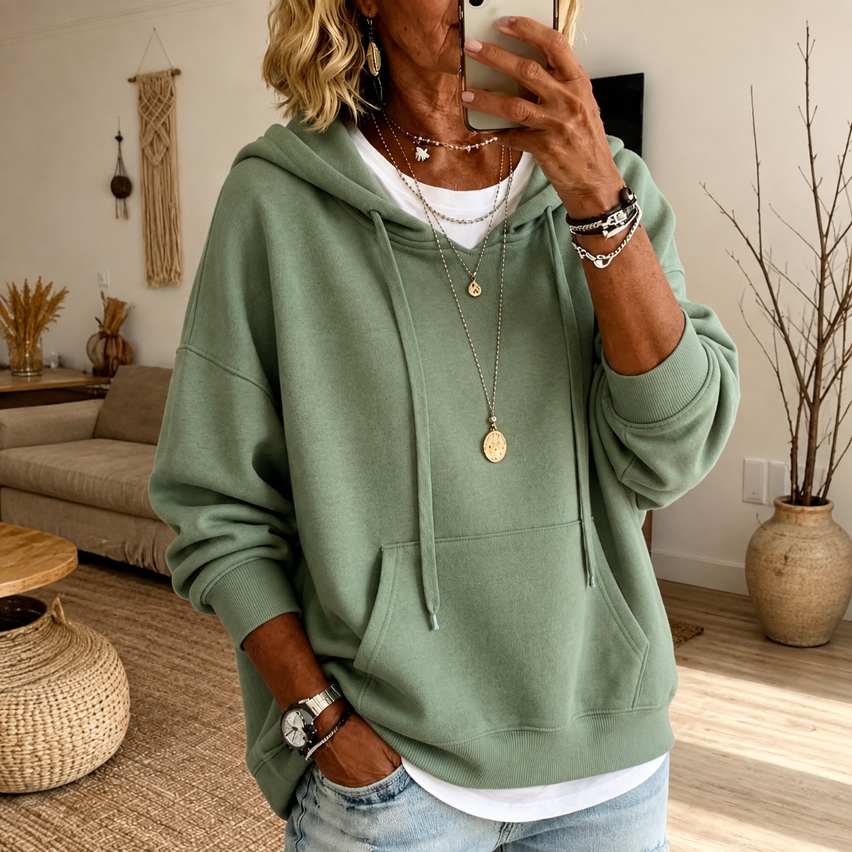 Inga – Szałwiowy Sweter Oversize z Kapturem