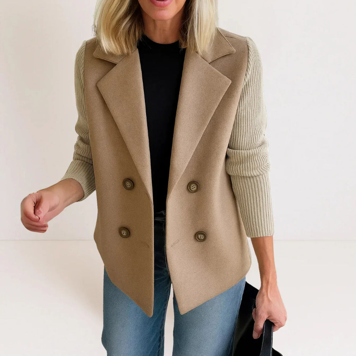Ankie | Elegancki Dwurzędowy Blazer z Dzianinowymi Rękawami