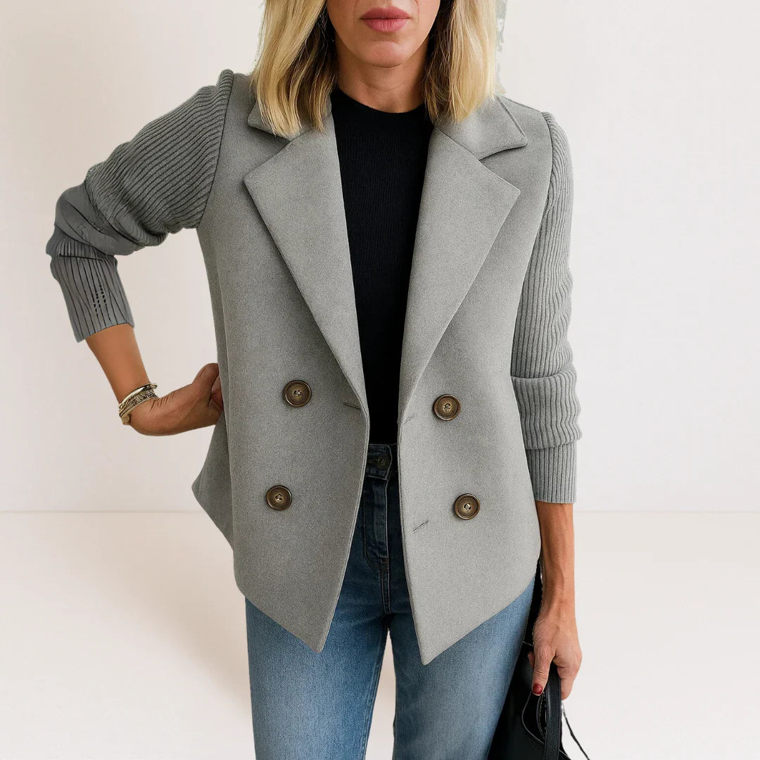 Ankie | Elegancki Dwurzędowy Blazer z Dzianinowymi Rękawami