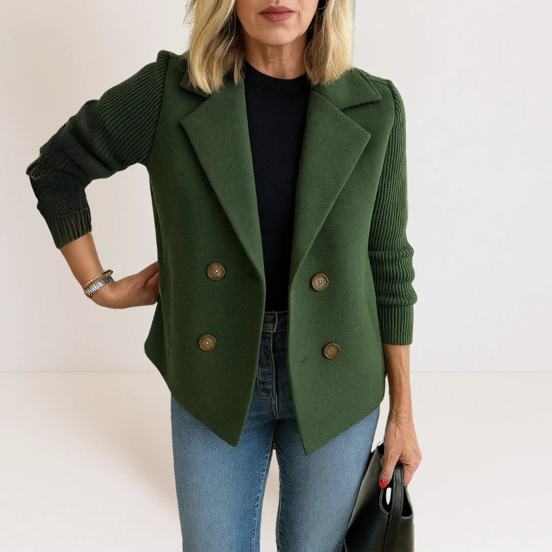 Ankie | Elegancki Dwurzędowy Blazer z Dzianinowymi Rękawami