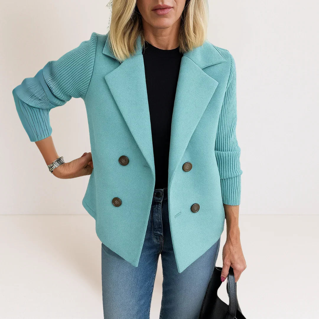 Ankie | Elegancki Dwurzędowy Blazer z Dzianinowymi Rękawami