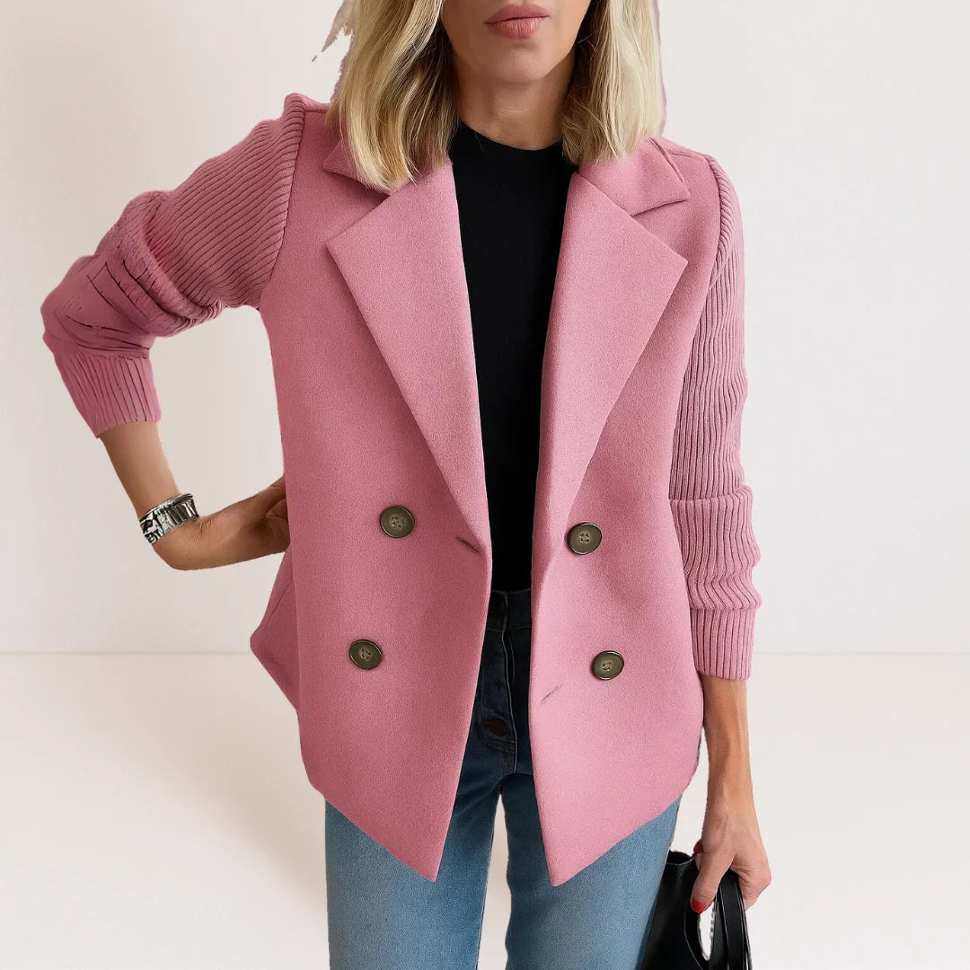 Ankie | Elegancki Dwurzędowy Blazer z Dzianinowymi Rękawami