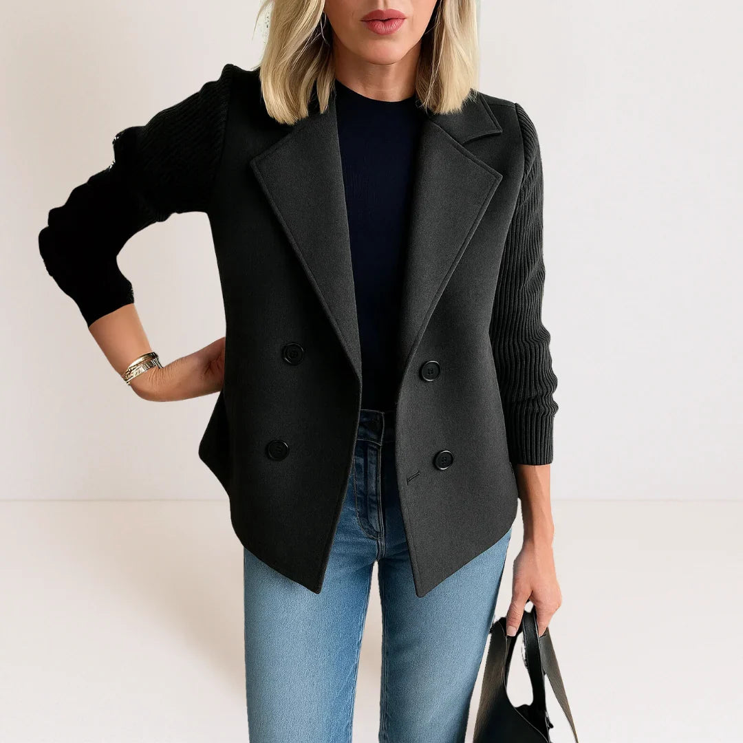 Ankie | Elegancki Dwurzędowy Blazer z Dzianinowymi Rękawami